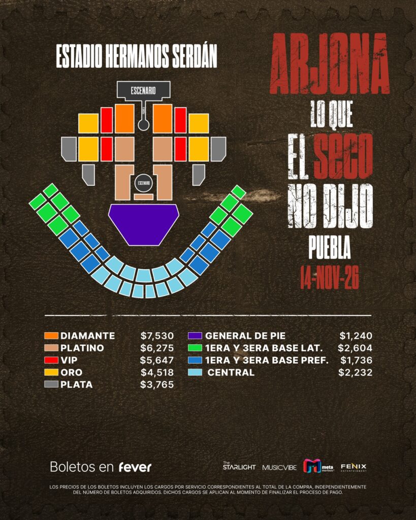 MAPA DE PRECIOS ARJONA PUEBLA 2026 ESTADIO HERMANOS SERDÁN
