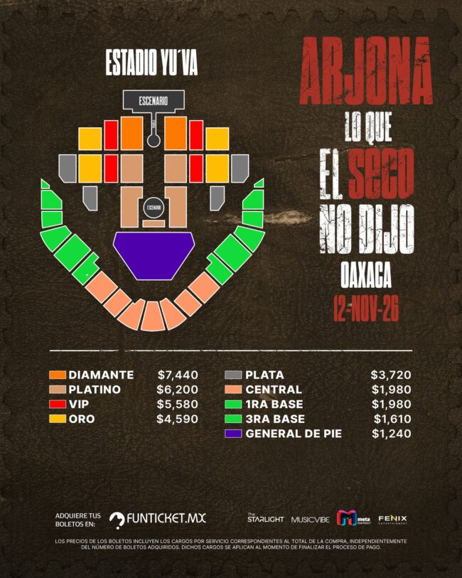 MAPA DE PRECIOS ARJONA OAXACA 2026 ESTADIO YU´VA
