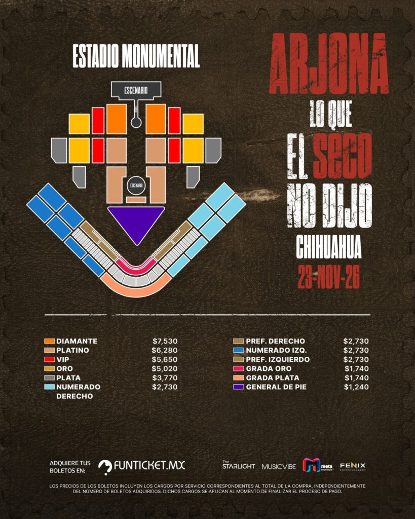 MAPA DE PRECIOS ARJONA CHIHUAHUA 2026 ESTADIO MONUMENTAL