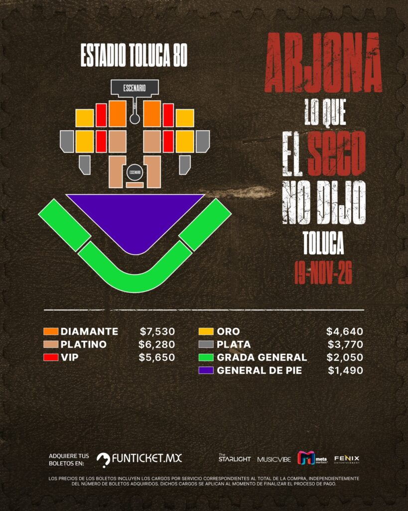 MAPA DE PRECIOS ARJONA TOLUCA 2026 ESTADIO DE BÉISBOL TOLUCA 80