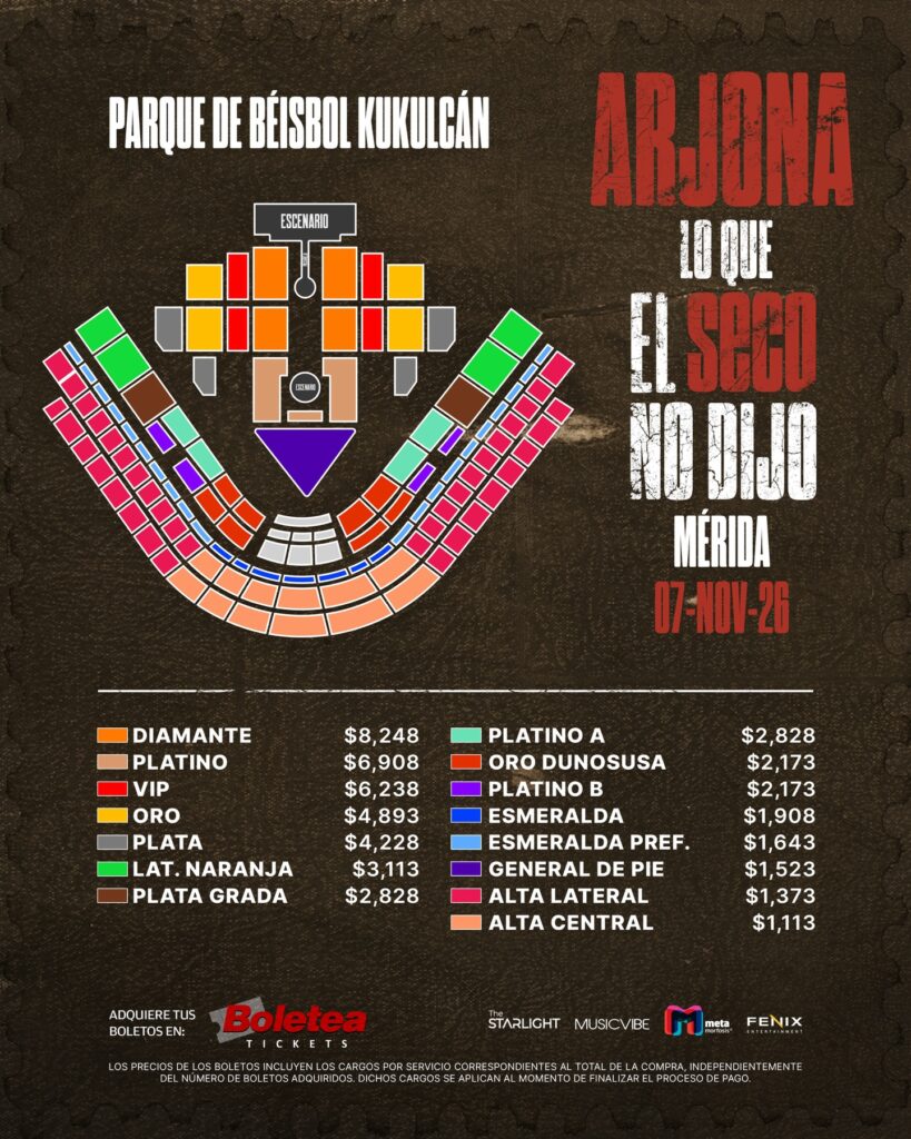 MAPA DE PRECIOS ARJONA MÉRIDA 2026 ESTADIO DE BEISBOL KUKULKÁN