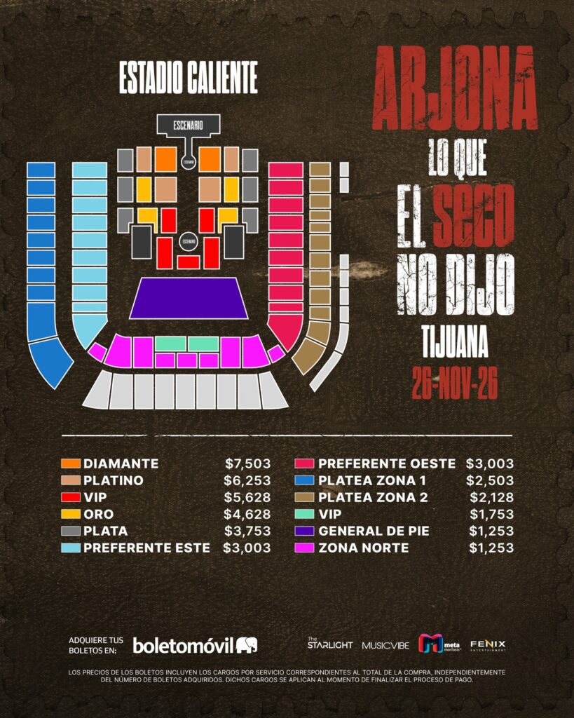 MAPA DE PRECIOS ARJONA TIJUANA 2026 ESTADIO CALIENTE