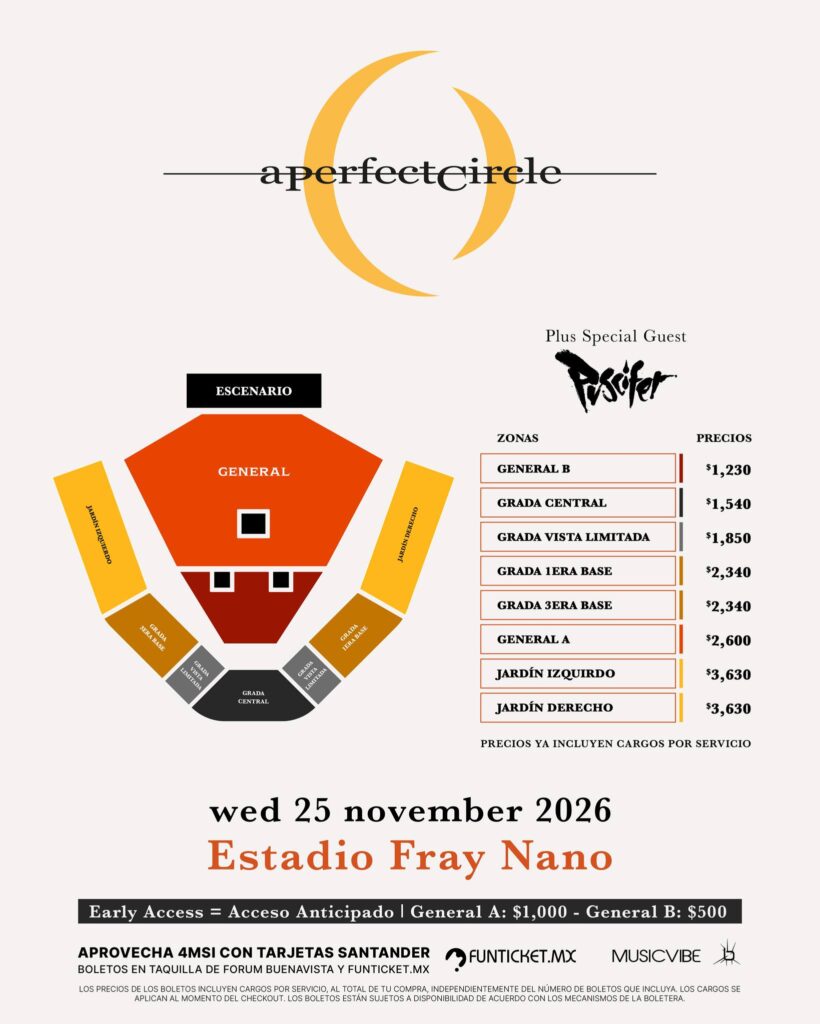 MAPA DE PRECIOS A PERFECT CIRCLE CDMX 2026 ESTADIO FRAY NANO
