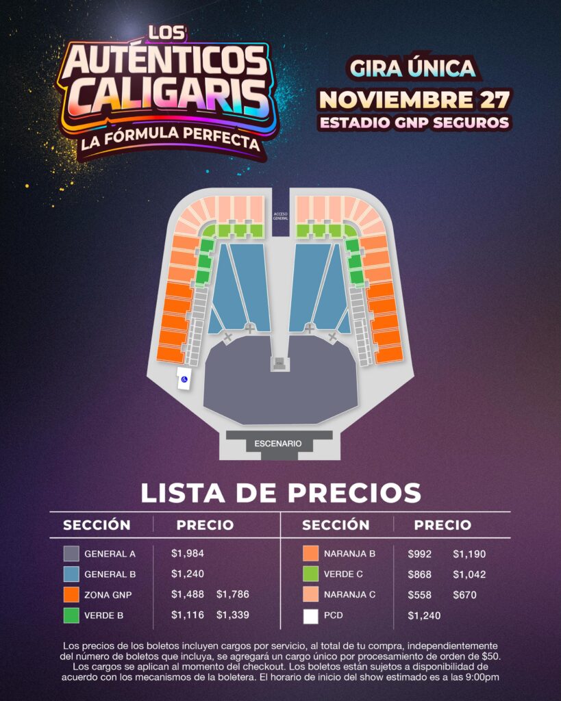 MAPA DE PRECIOS LOS AUTÉNTICOS CALIGARIS CDMX 2026 ESTADIO GNP SEGUROS