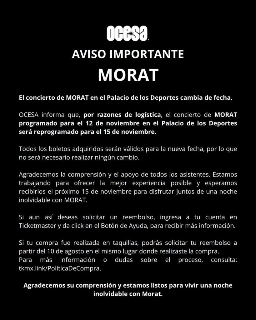 CAMBIO DE FECHA MORAT CDMX 2026 PALACIO DE LOS DEPORTES