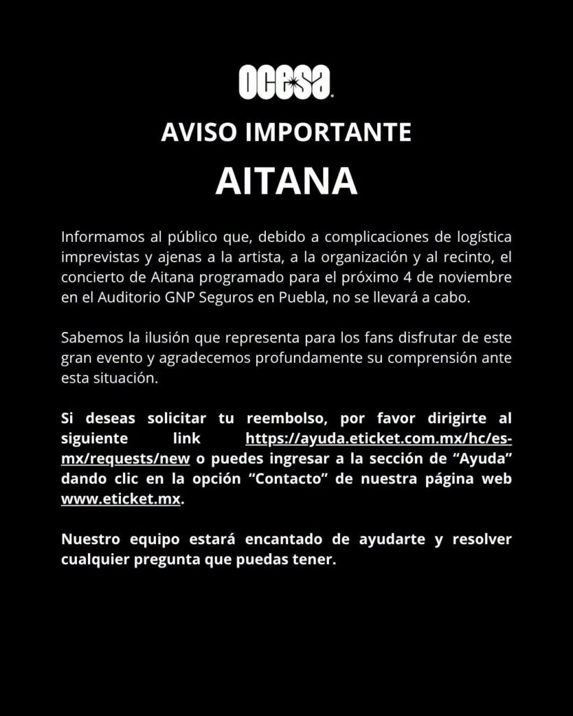 EVENTO CANCELADO AITANA PUEBLA 2026 AUDITORIO GNP SEGUROS
