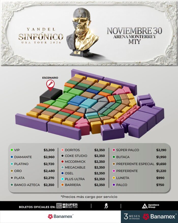 MAPA DE PRECIOS YANDEL SINFÓNICO ARENA MONTERREY 2026
