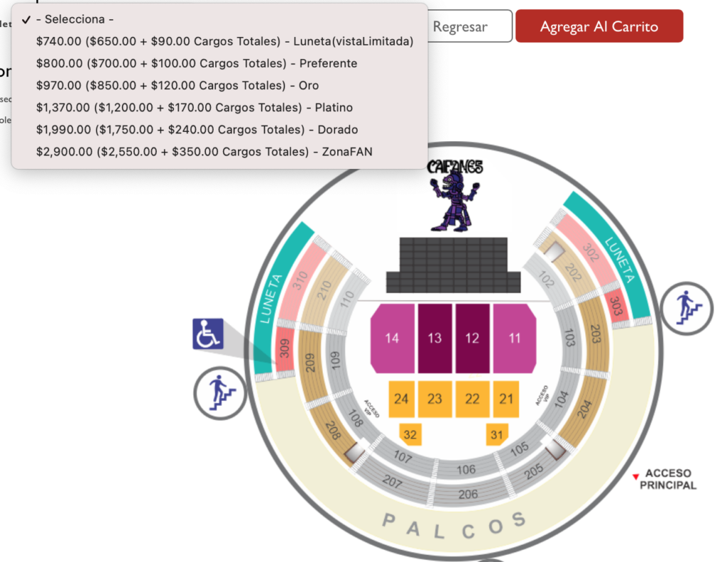 MAPA DE PRECIOS CAIFANES TORREÓN 2026 COLISEO CENTENARIO