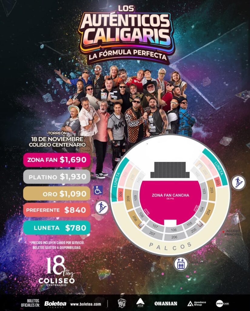 MAPA DE PRECIOS LOS AUTÉNTICOS CALIGARIS TORREÓN 2026 COLISEO CENTENARIO