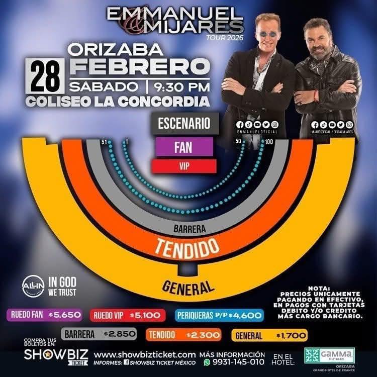 MAPA Y PRECIOS EMMANUEL Y MIJARES EN ORIZABA COLISEO LA CONCORDIA 2026