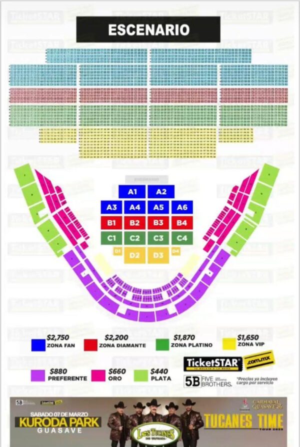 MAPA DE PRECIOS LOS TUCANES DE TIJUANA CARNAVAL GUASAVE 2026 KURODA PARK SINALOA