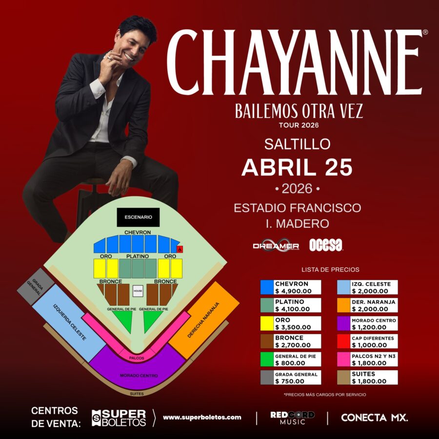 MAPA DE PRECIOS CHAYANNE SALTILLO 2026 ESTADIO FRANCISCO I MADERO