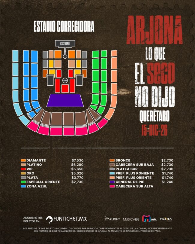MAPA DE PRECIOS ARJONA QUERÉTARO 2026 ESTADIO CORREGIDORA