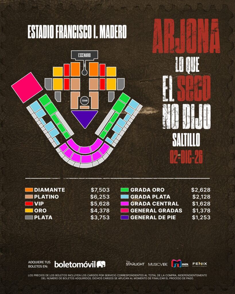 MAPA DE PRECIOS ARJONA SALTILLO 2026 ESTADIO FRANCISCO I MADERO