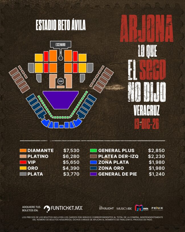 MAPA DE PRECIOS ARJONA VERACRUZ 2026 ESTADIO BETO ÁVILA