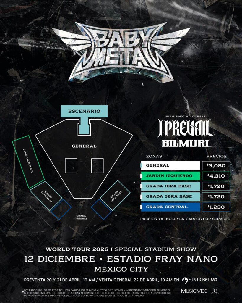 MAPA DE PRECIOS BABY METAL CDMX 2026 ESTADIO FRAY NANO