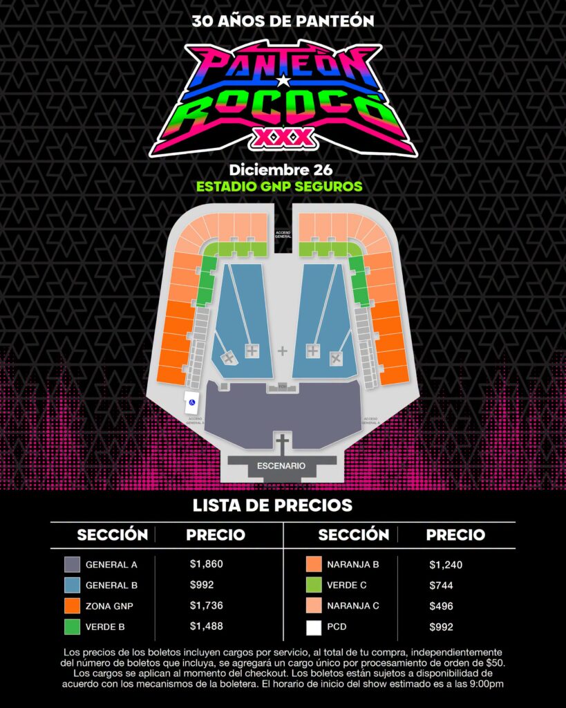MAPA DE PRECIOS PANTEÓN ROCOCÓ CDMX 2026 ESTADIO GNP SEGUROS