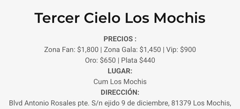 PRECIOS TERCER CIELO LOS MOCHIS 2026 CUM SINALOA