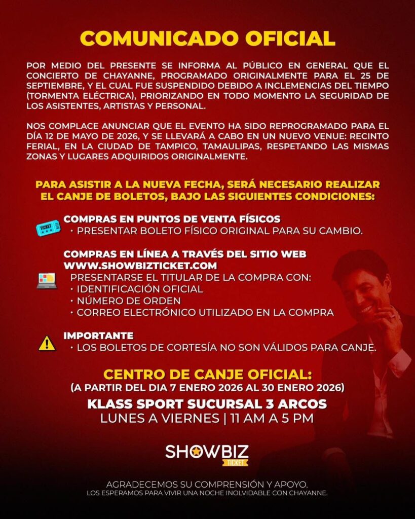 NUEVA FECHA CHAYANNE EN TAMPICO 2026