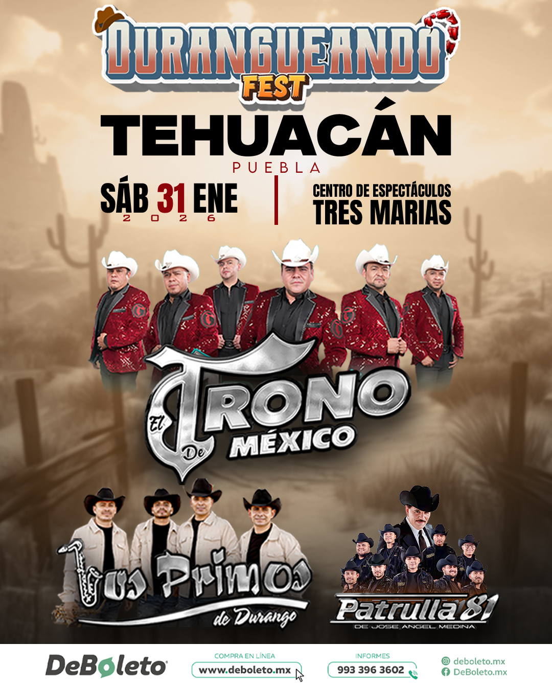 DURANGUEANDO FEST TEHUACÁN PUEBLA 2026 CENTRO DE ESPECTACULOS TRES MARÍAS