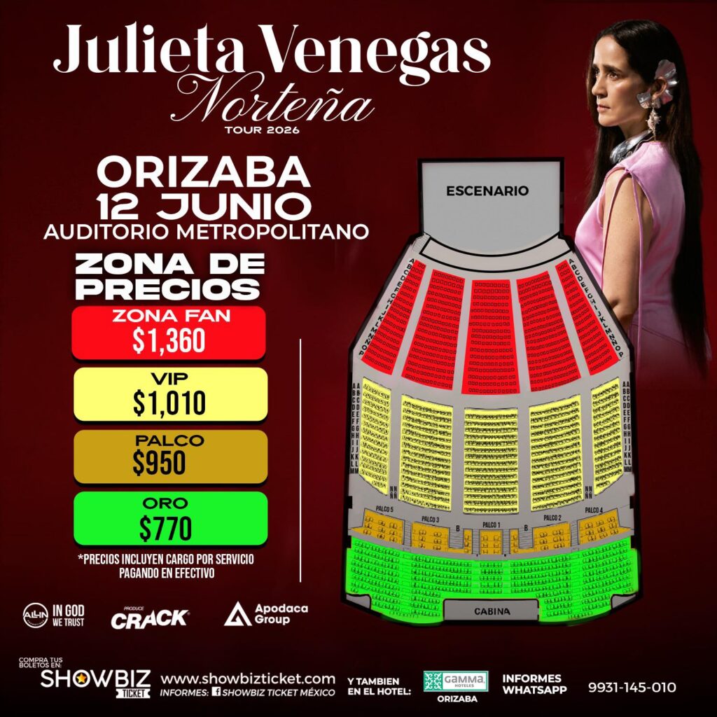 MAPA DE PRECIOS JULIETA VENEGAS ORIZABA 2026 AUDITORIO METROPOLITANO