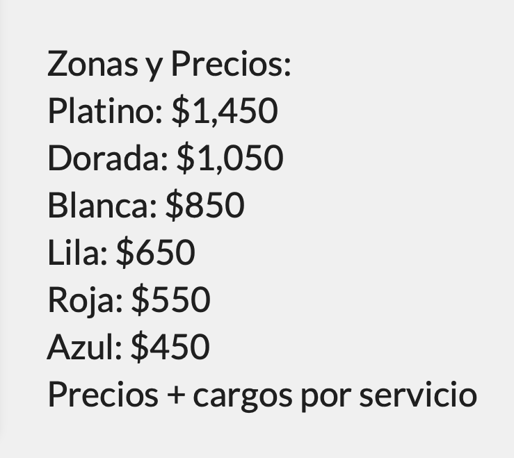 PRECIOS JULIETA VENEGAS PACHUCA 2026 AUDITORIO AREMA EXPLANADA