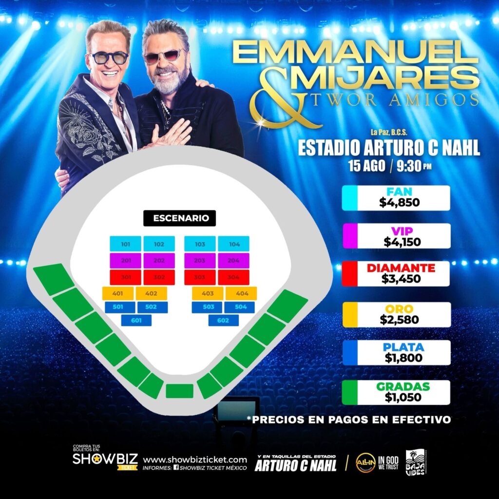 MAPA DE PRECIOS EMMANUEL Y MIJARES LA PAZ 2026 ESTADIO ARTURO C NAHL