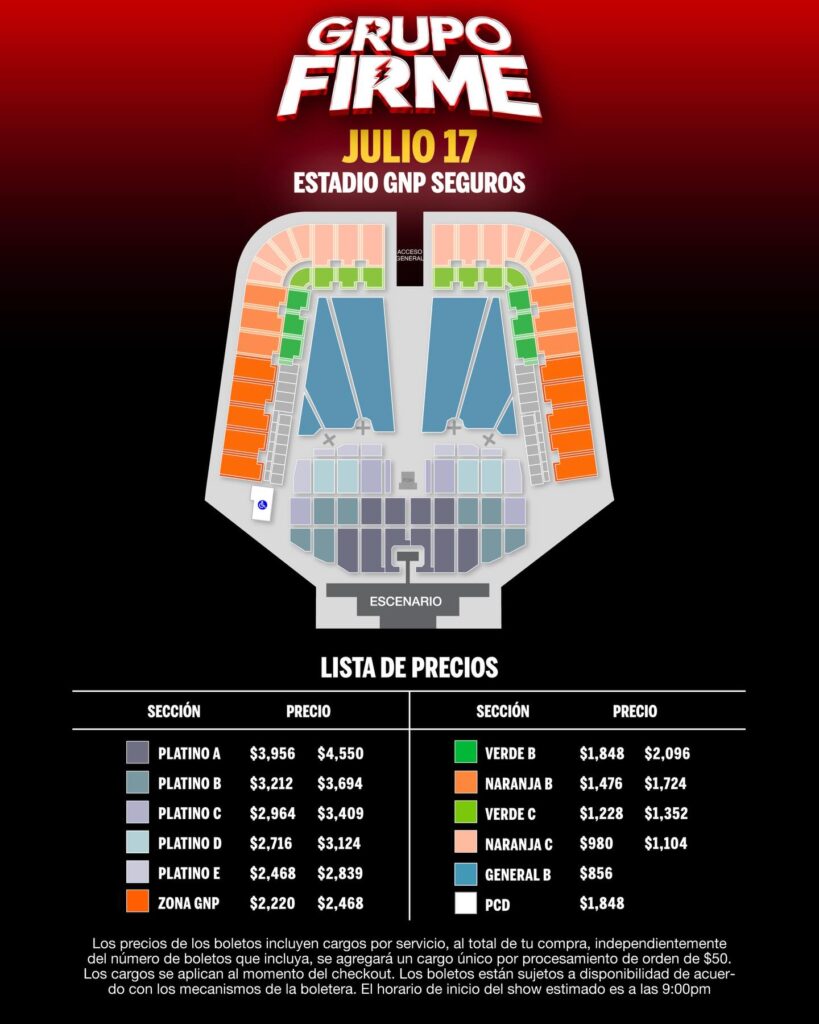 MAPA DE PRECIOS GRUPO FIRME CDMX 2026 ESTADIO GNP SEGUROS