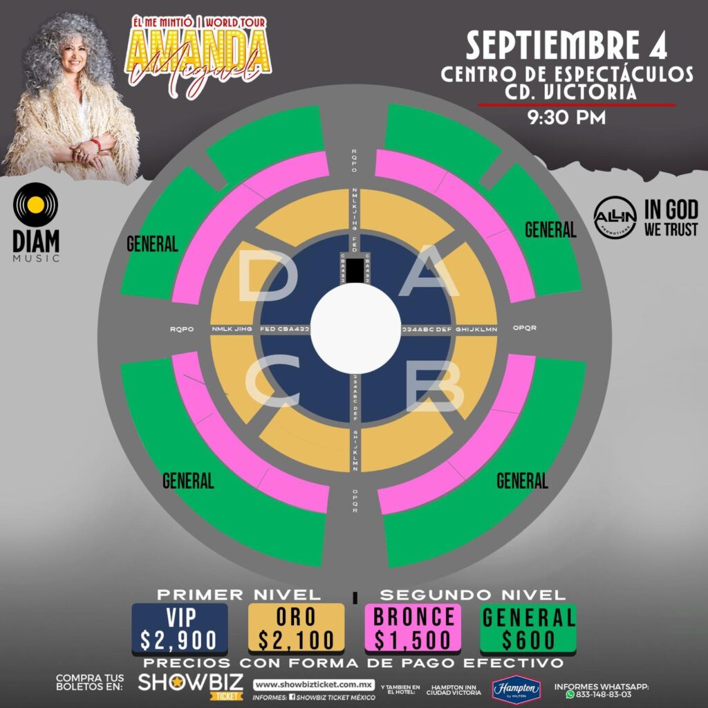 MAPA DE PRECIOS AMANDA MIGUEL CIUDAD VICTORIA 2026 CENTRO DE ESPECTÁCULOS