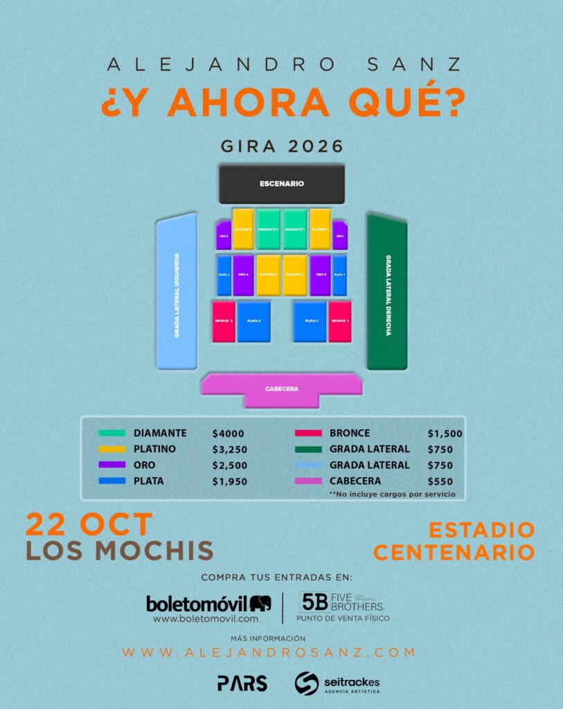 MAPA DE PRECIOS ALEJANDRO SANZ LOS MOCHIS 2026 ESTADIO CENTENARIO