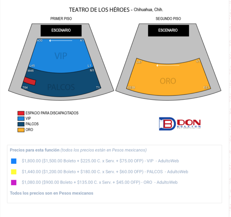 MAPA DE PRECIOS SIDDHARTHA CHIHUAHUA 2026 TEATRO LOS HÉROES
