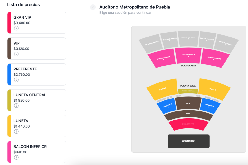 MAPA DE PRECIOS KANY GARCÍA PUEBLA 2026 AUDITORIO METROPOLITANO