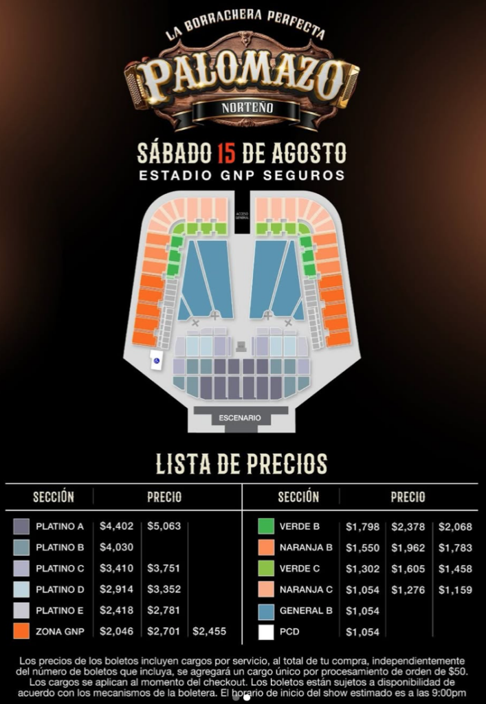 MAPA DE PRECIOS PALOMAZO NORTEÑO CDMX 2026 ESTADIO GNP SEGUROS
