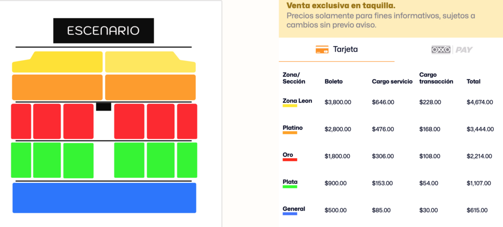 MAPA DE PRECIOS CARIN LEÓN MEXICALI 2026 ESTACIONAMIENTO CIUDAD DEPORTIVA