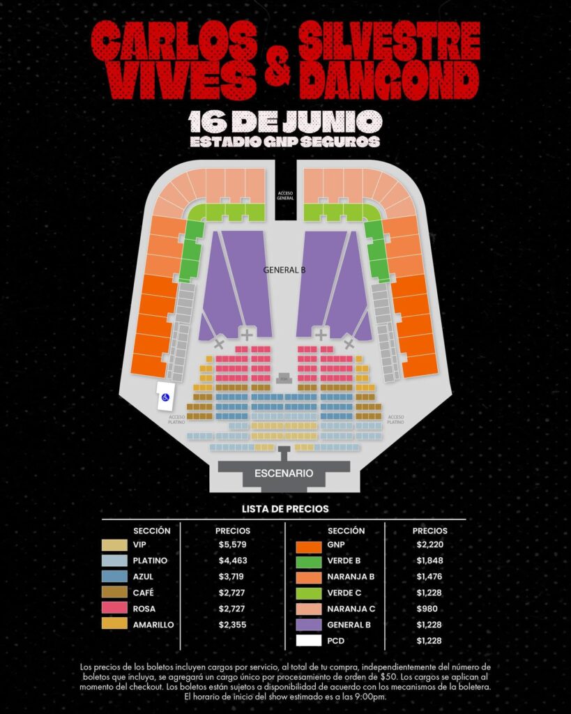 MAPA DE PRECIOS CARLOS VIVES Y SILVESTRE DANGOND CDMX 2026 ESTADIO GNP SEGUROS