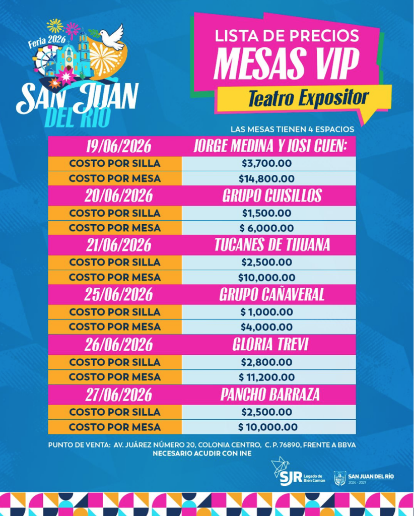 PRECIOS MESAS VIP FERIA SAN JUAN DEL RÍO 2026 QUERÉTARO