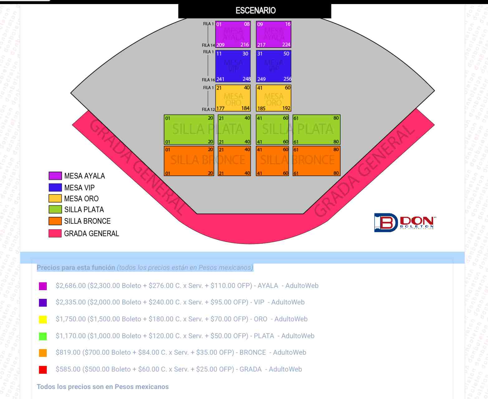 MAPA DE PRECIOS RAMON AYALA CIUDAD JUÁREZ 2026 ESTADIO CARTA BLANCA