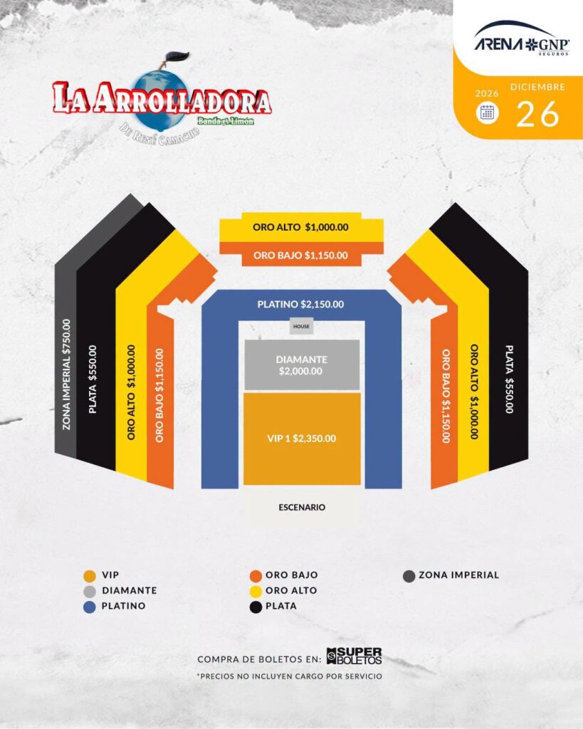 MAPA DE PRECIOS LA ARROLLADORA BANDA EL LIMÓN ACAPULCO 2026 ARENA GNP SEGUROS