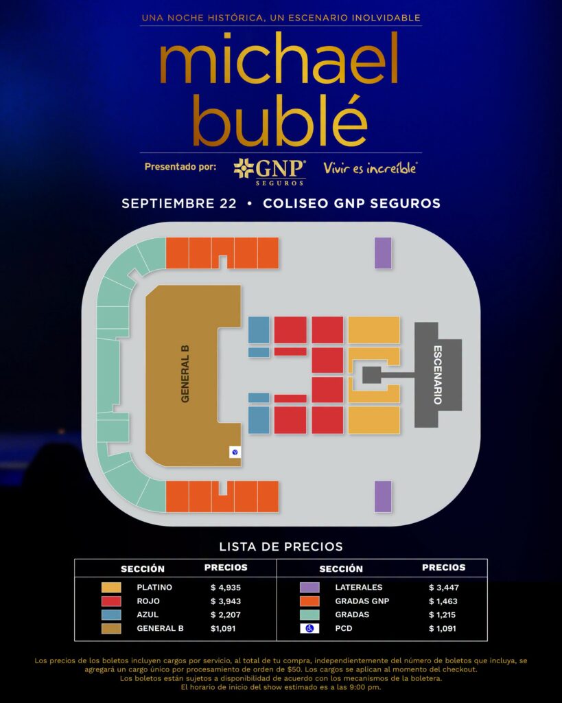 MAPA DE PRECIOS MICHAEL BUBLÉ GUADALAJARA 2026 COLISEO GNP SEGUROS