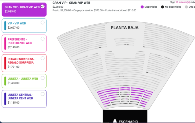 MAPA DE PRECIOS MATISSE PUEBLA 2026 AUDITORIO METROPOLITANO