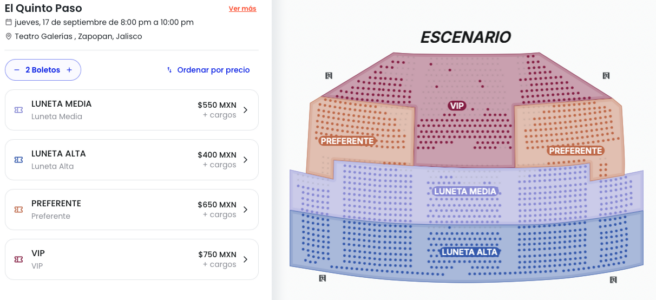 MAPA DE PRECIOS EL QUINTO PASO GUADALAJARA 2026 TEATRO GALERÍAS