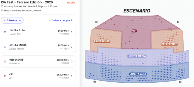 MAPA DE PRECIOS RIA FEST GUADALAJARA 2026 TEATRO GALERÍAS
