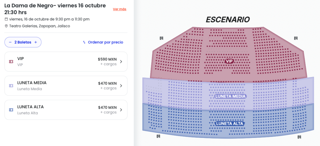 MAPA DE PRECIOS LA DAMA DE NEGRO GUADALAJARA 2026 TEATRO GALERÍAS
