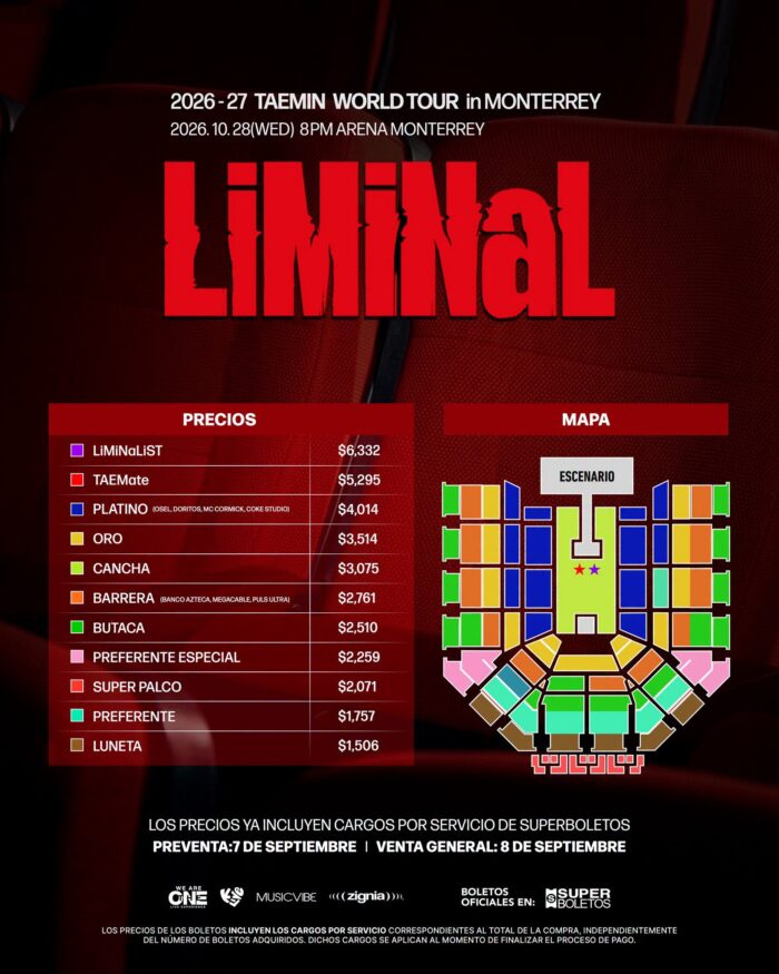 MAPA DE PRECIOS TAEMIN ARENA MONTERREY 2026